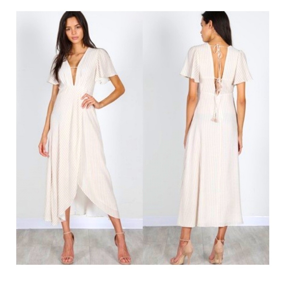 Tan White Plunging Neck Midi Dress